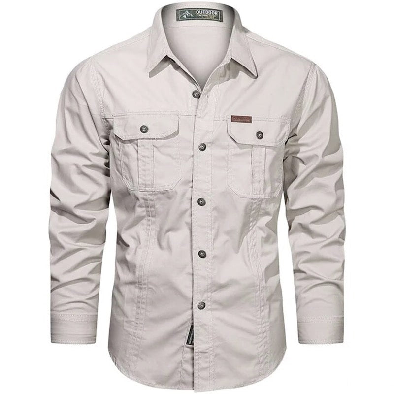 A long-sleeve, light gray casual shirt with two chest pockets.