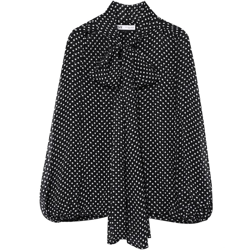 Black polka dot blouse with bow neck tie.