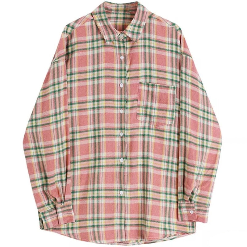 Loose-fitting, long-sleeved, button-down shirt in pink, green, and yellow plaid.