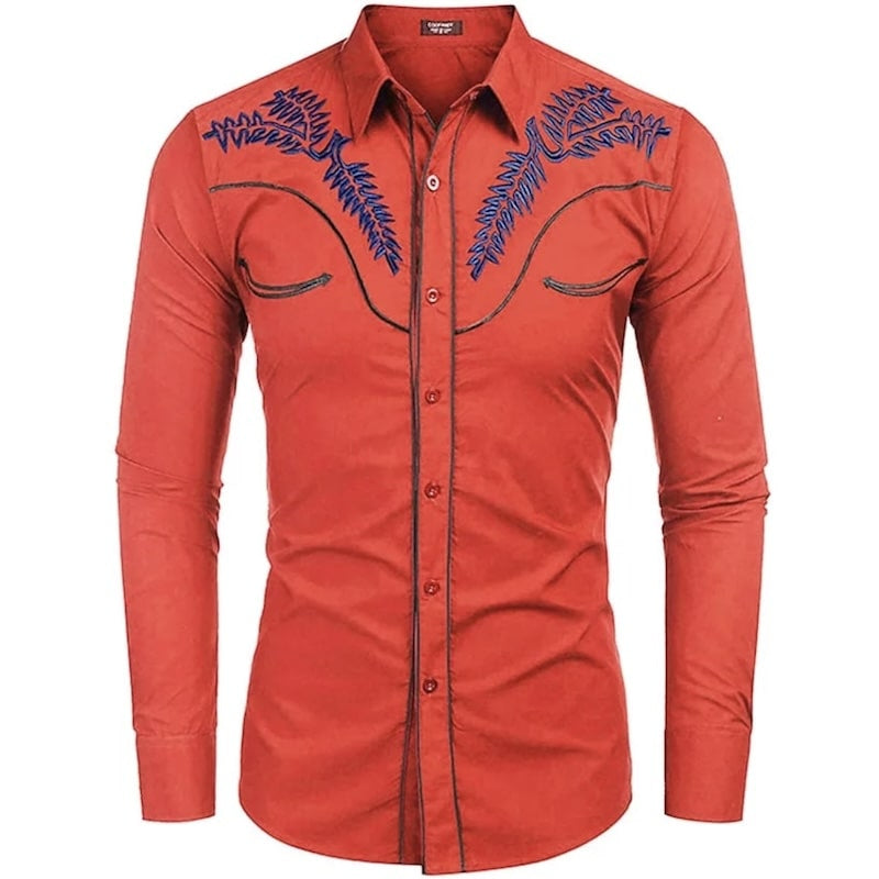 Red Western shirt with blue embroidery.