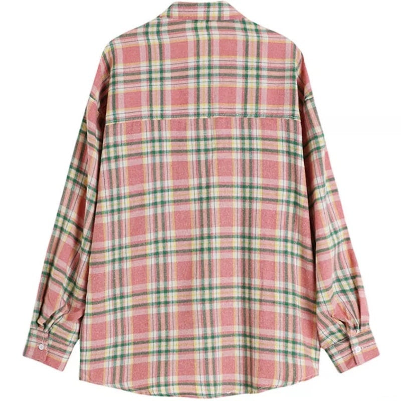Back of a long-sleeve, pink, green, and yellow plaid shirt.