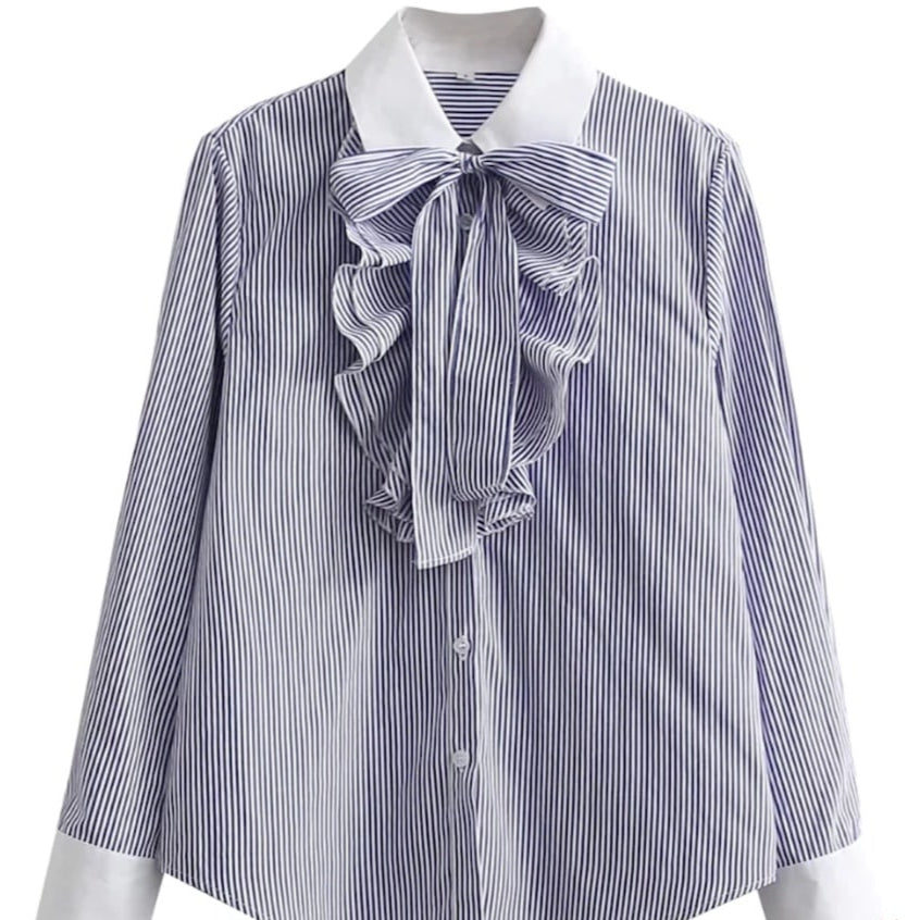 Blue and white striped shirt with a white collar and a bow.