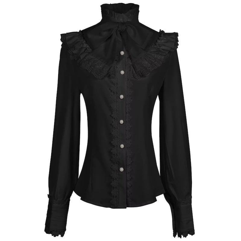Black, long-sleeved blouse with lace trim and a bow at the neck.