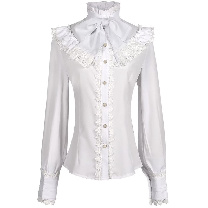 White blouse with a ruffled collar, bow, lace trim, and pearl buttons.