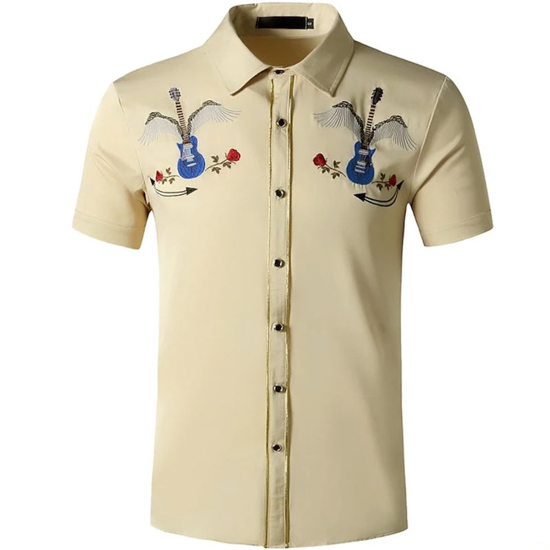 Tan short-sleeved button-down shirt with guitar and rose embroidery.
