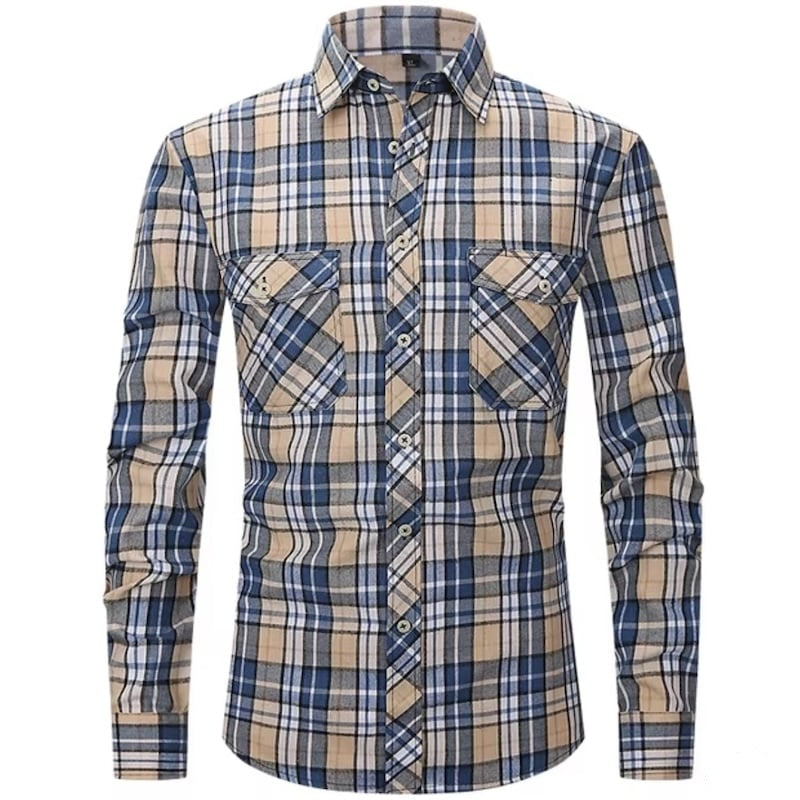 Blue and tan plaid button-down shirt with long sleeves and two chest pockets.