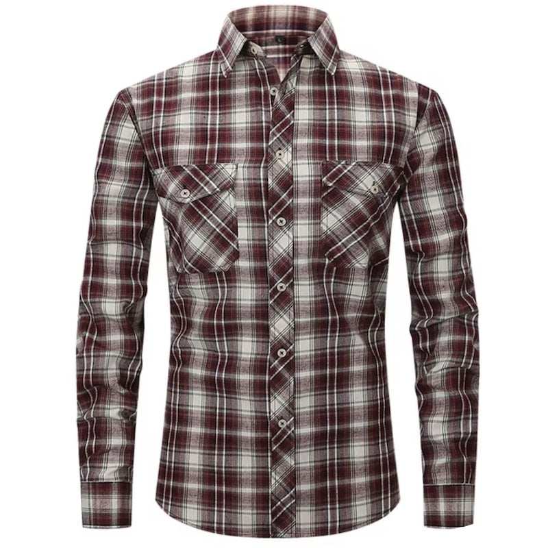 Burgundy and white plaid long-sleeved shirt with two chest pockets.