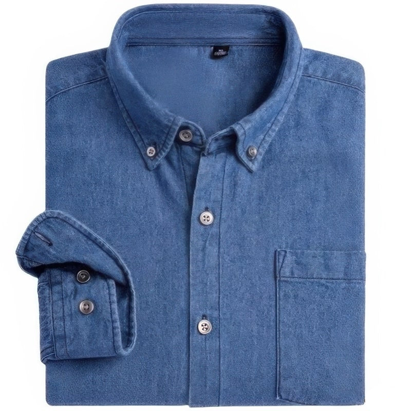 Blue button-down shirt with a chest pocket.