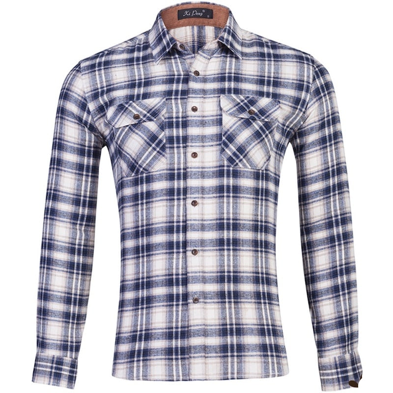 Blue and white plaid long-sleeved shirt.