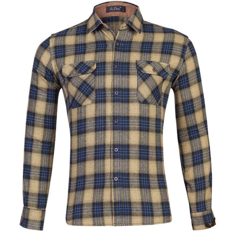 Tan and blue plaid flannel shirt.