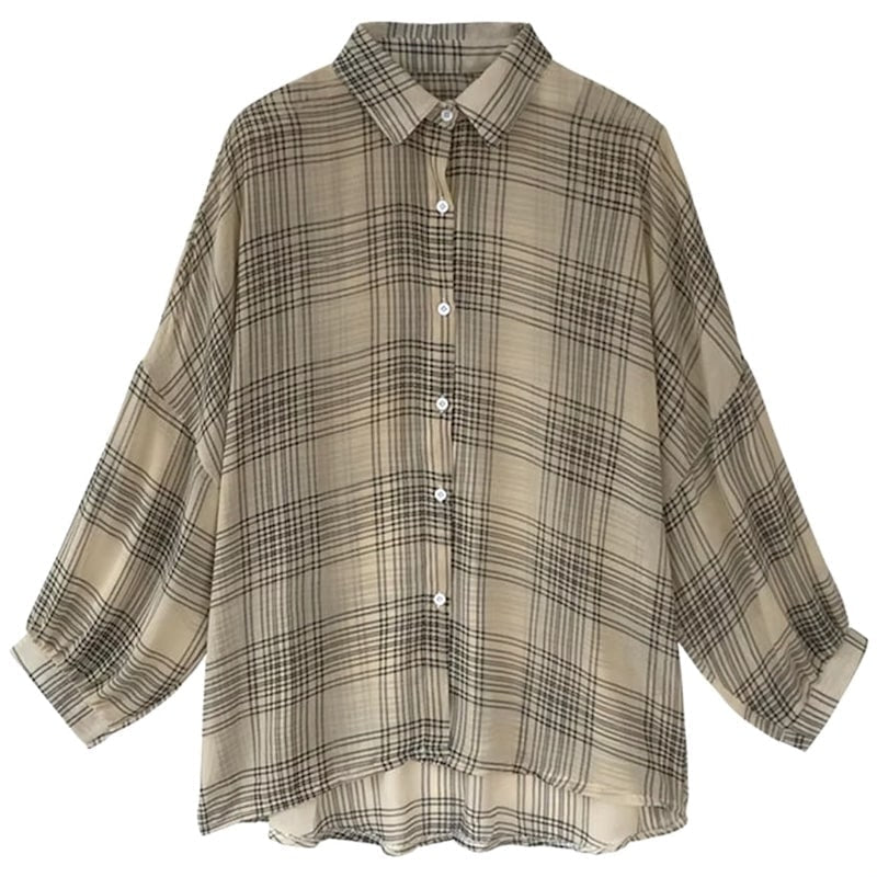 A beige and black plaid button-down shirt.