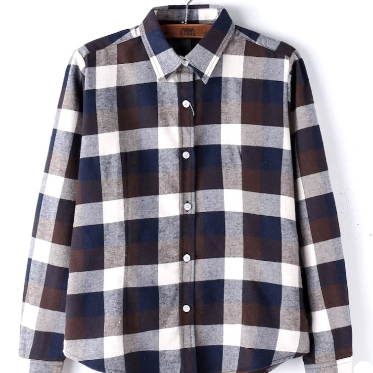 Brown, white, and blue plaid long-sleeved shirt.
