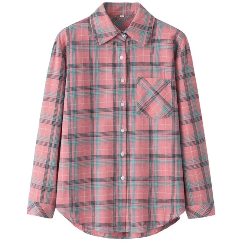 Pink and blue plaid, long-sleeved shirt.