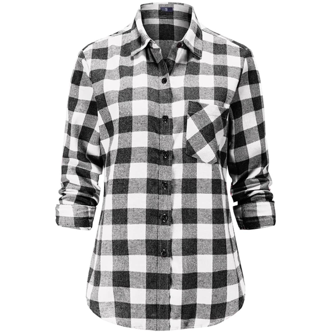 Black and white flannel shirt with buttons and a breast pocket.
