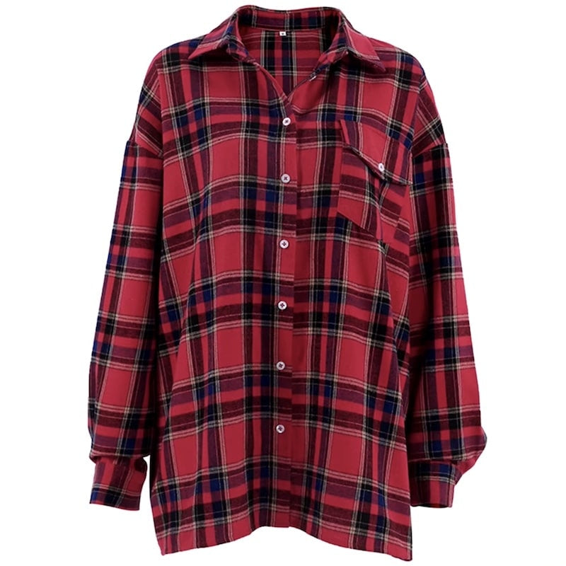Red and black plaid flannel shirt with white buttons and a pocket.