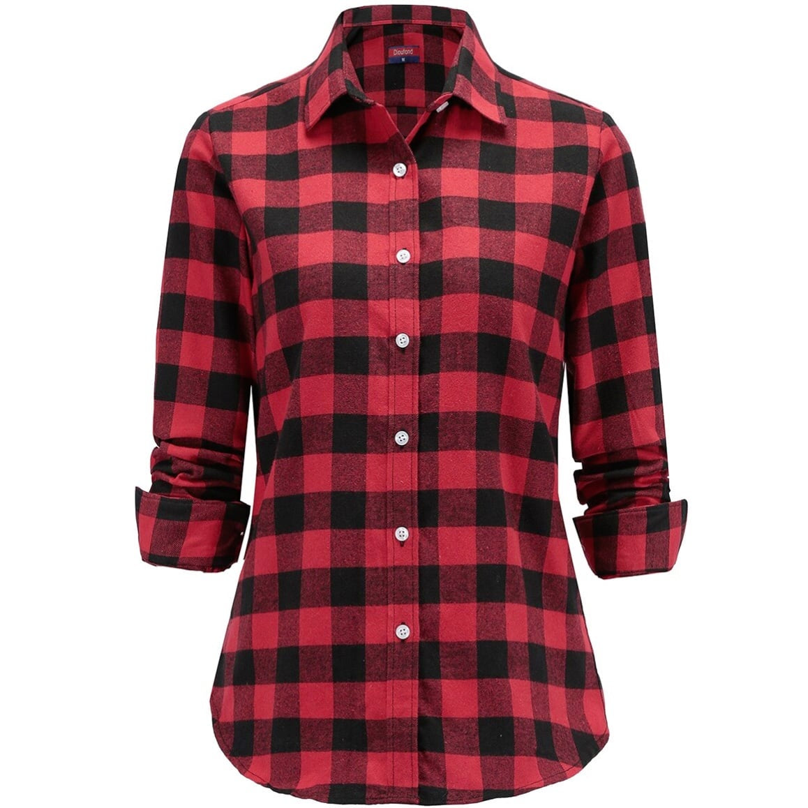 Red and black plaid button-down shirt.

