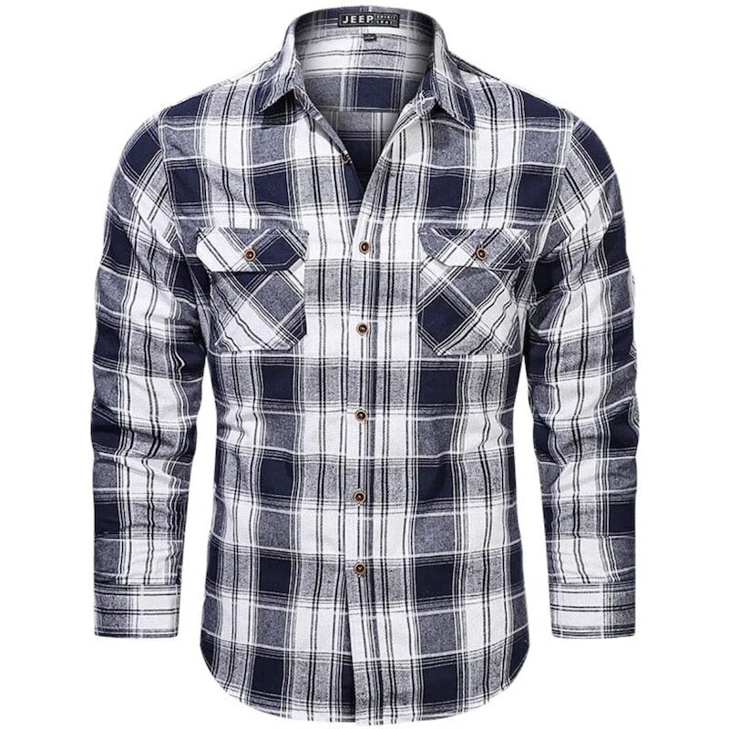 Blue and white plaid long-sleeve shirt.