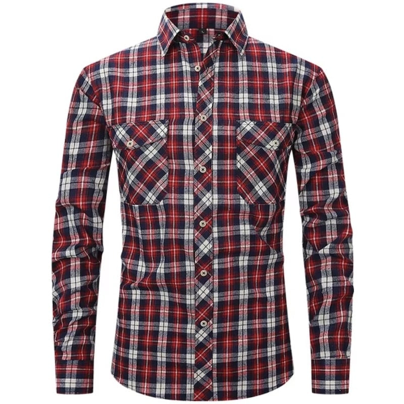 Long-sleeved, red, white, and blue plaid button-down shirt.