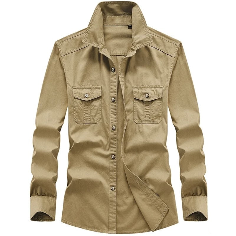 Khaki long-sleeve button-down shirt with two chest pockets.
