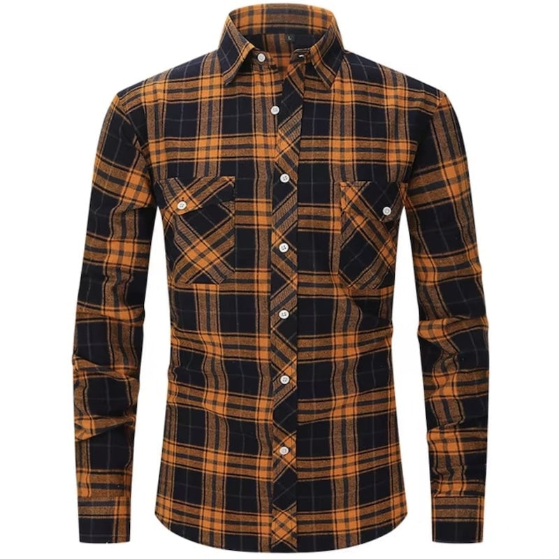 Orange and black plaid long-sleeved shirt with pockets.
