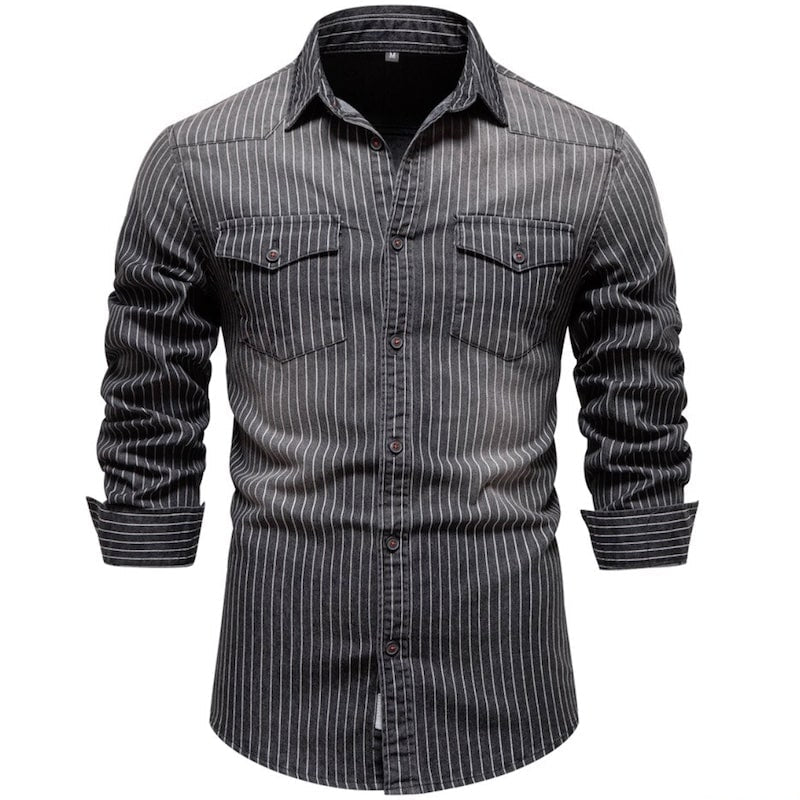 Gray striped long-sleeved button-down shirt.