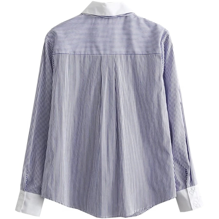 Back view of a blue and white striped button-down shirt with long sleeves and white collar and cuffs.