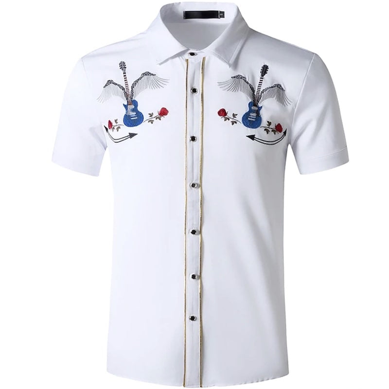 White short-sleeved shirt with guitar and rose embroidery.