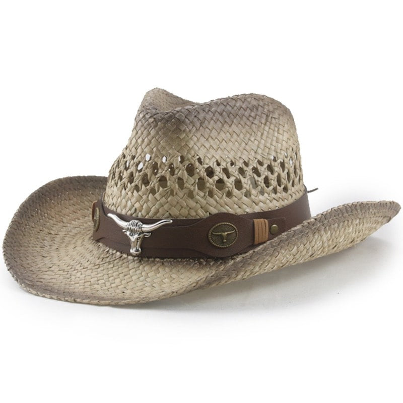 Cowboy hat made of straw, with brown leather hatband and silver bull skull accent.