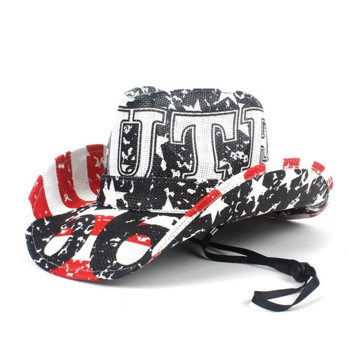 Cowboy hat with "UT" lettering, red, white, and black print, chin strap.
