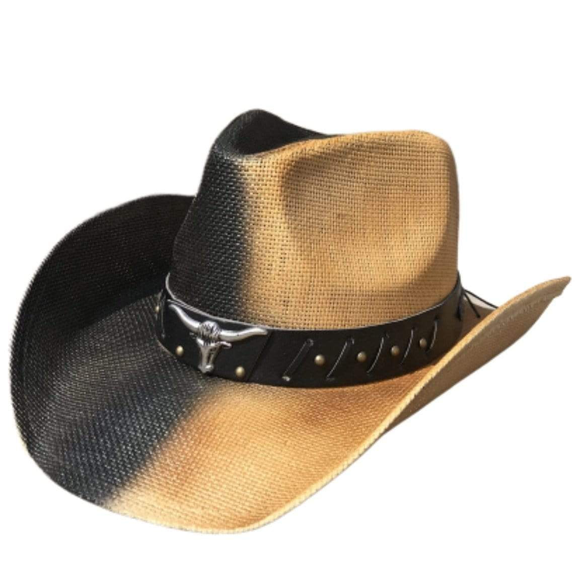 Cowboy hat with black and tan woven straw and a black leather band with a silver bull skull.
