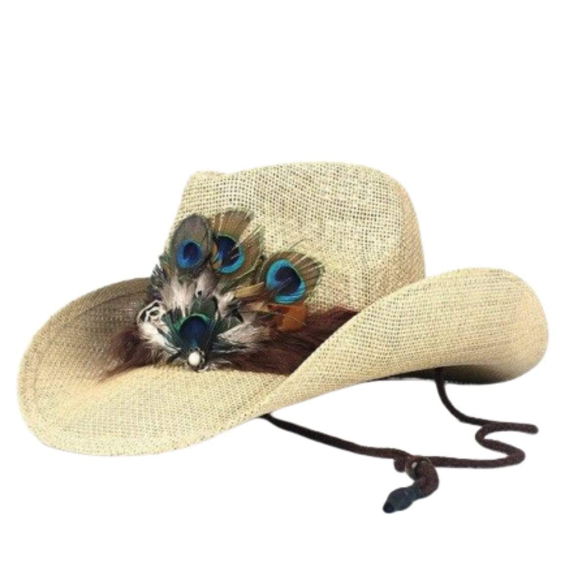 Cowboy hat with feathers.