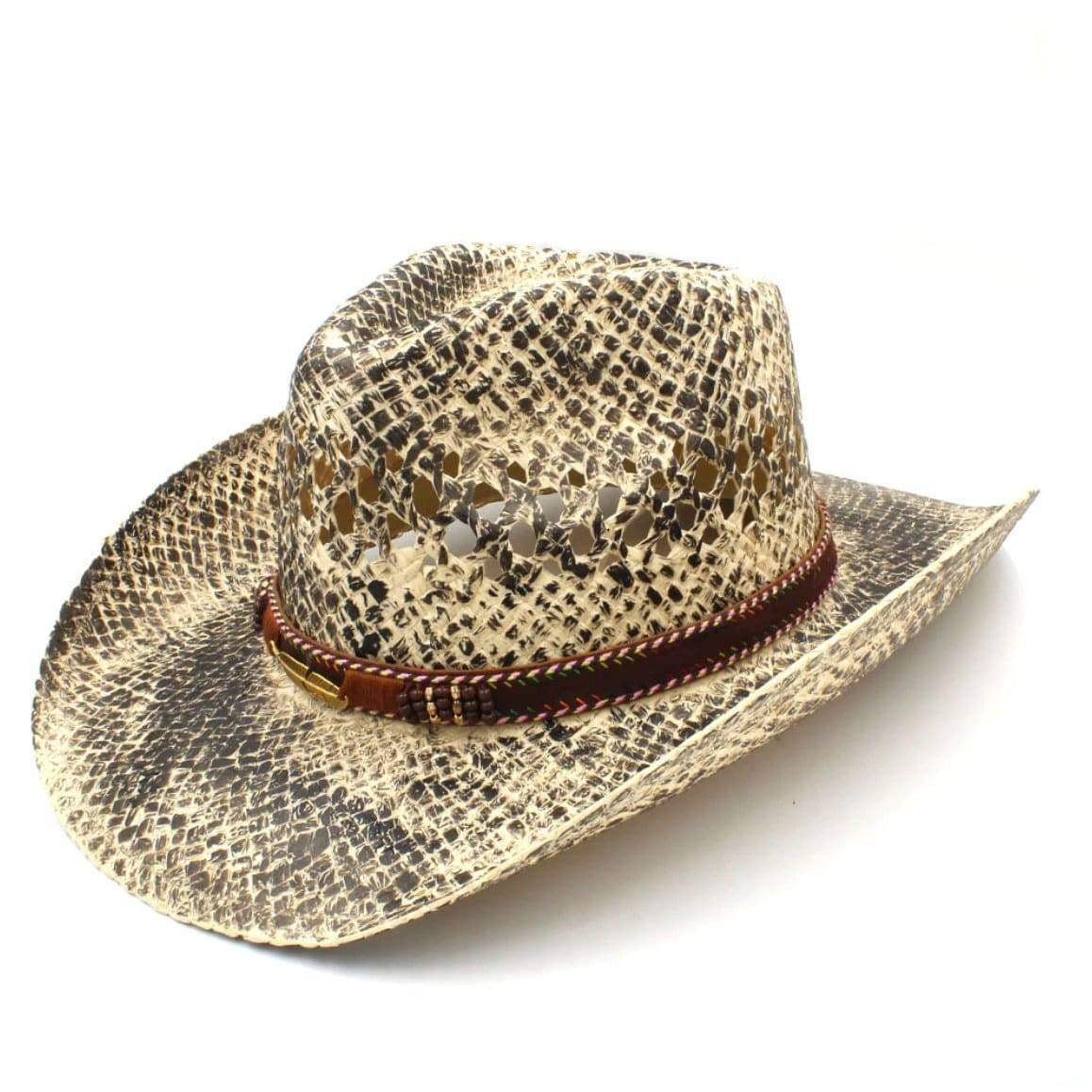 Cowboy hat with snake-like pattern, brown leather hat band.