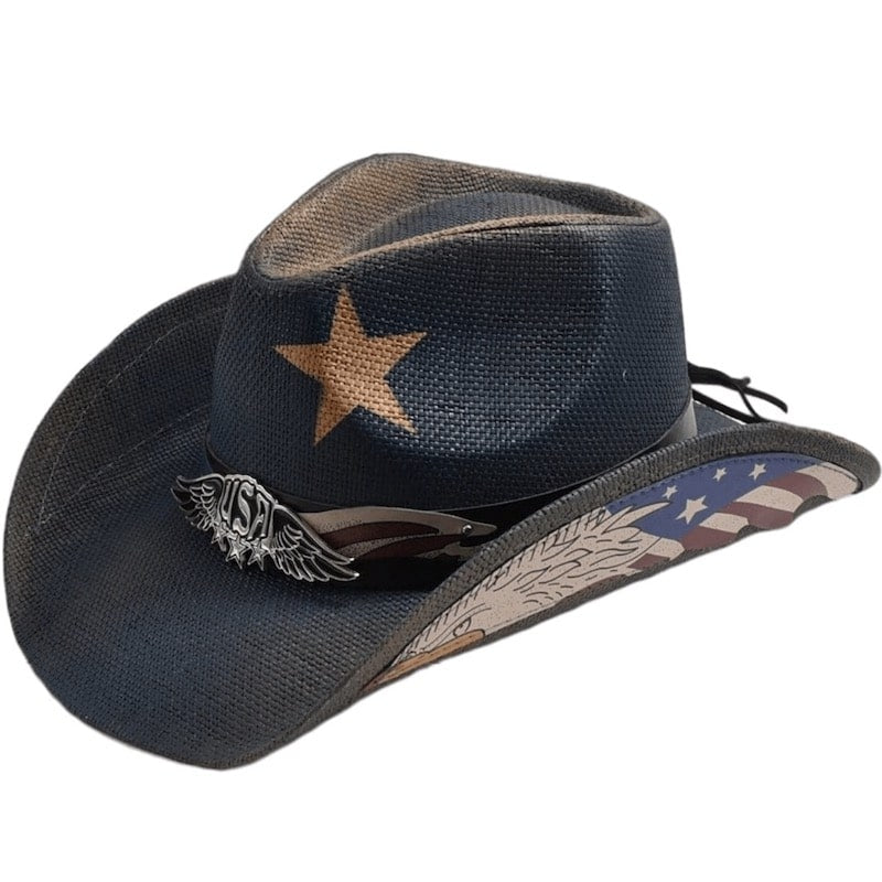 Cowboy hat with star, flag, and eagle design. 
