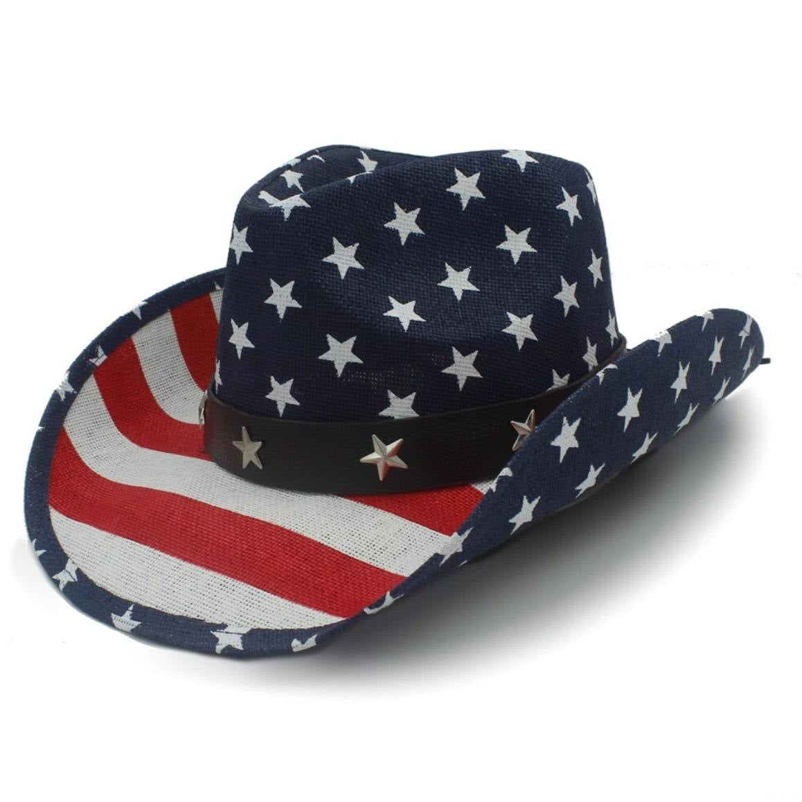 Cowboy hat with stars and stripes pattern.