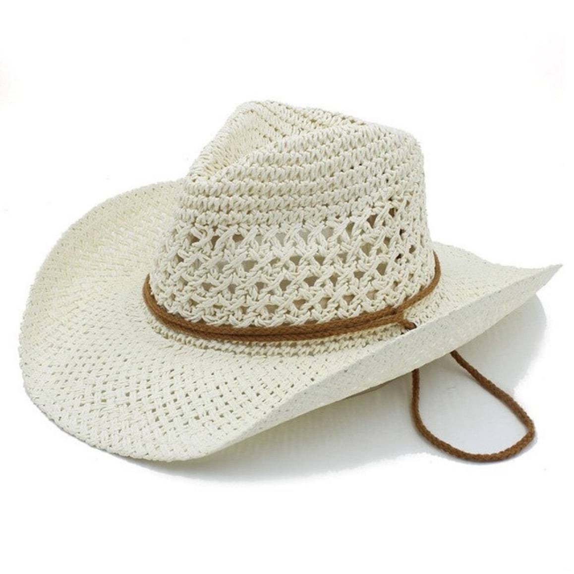 Cream-colored straw cowboy hat with brown rope.