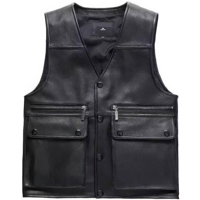 Black leather vest with pockets.