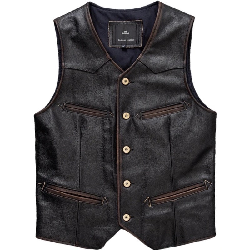 Black leather vest with buttons.
