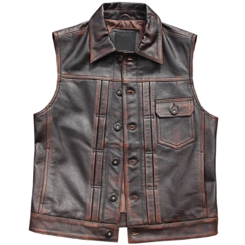 A brown, distressed leather vest with a collar and buttons.