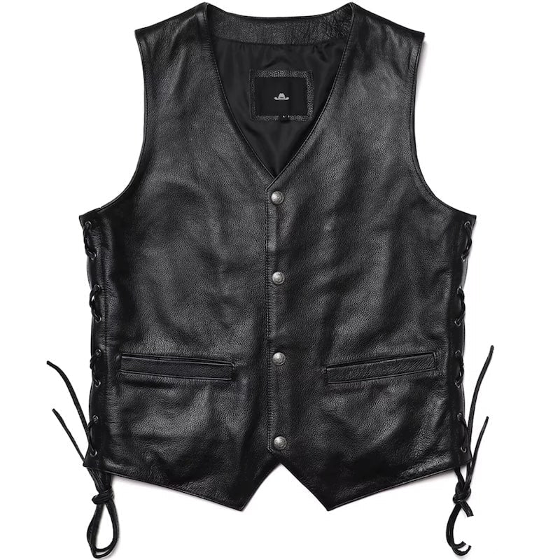Black leather vest with silver buttons and lace-up sides.
