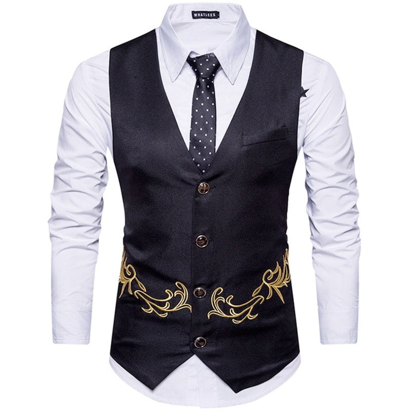 Black vest with gold embroidery, white dress shirt, black tie.