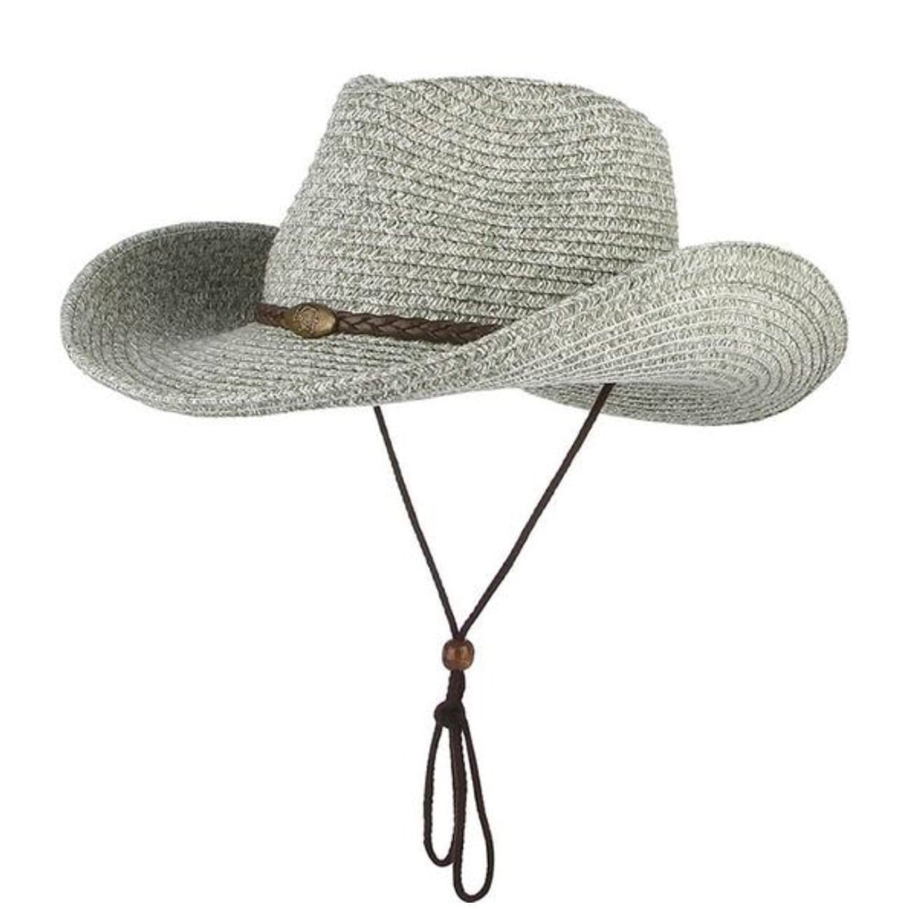Gray straw cowboy hat with brown braided band and chin strap.
