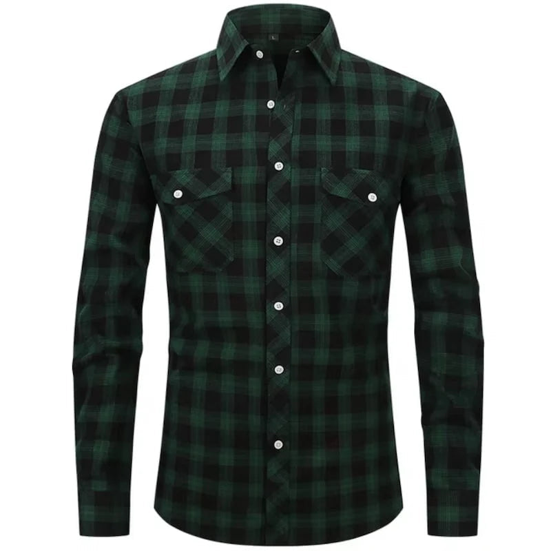 Green and black plaid shirt with long sleeves and two chest pockets.