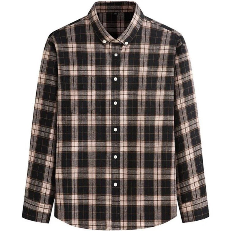 Black and beige plaid long-sleeved shirt.
