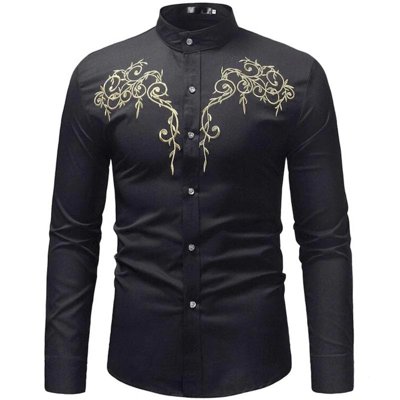 Black, long-sleeved mandarin-collar shirt with gold embroidery.