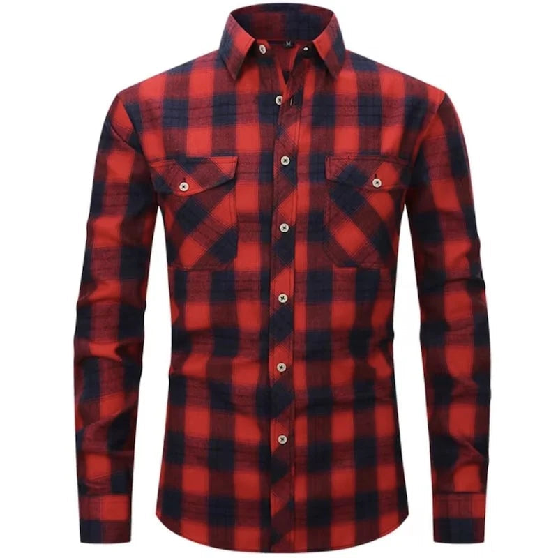 Red and navy blue plaid button-down shirt with two chest pockets.