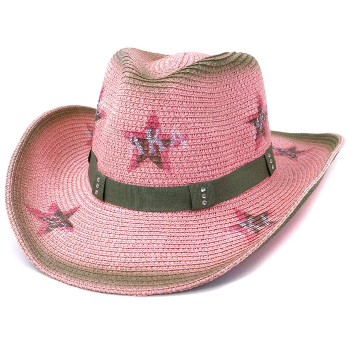 Pink straw cowboy hat with star accents and a green band.