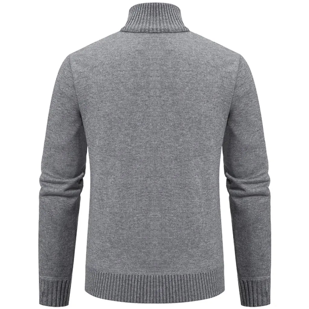 Gray turtleneck sweater, back view.
