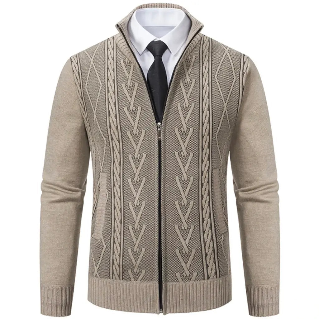Tan, knitted cardigan with zipper. White shirt and black tie underneath.