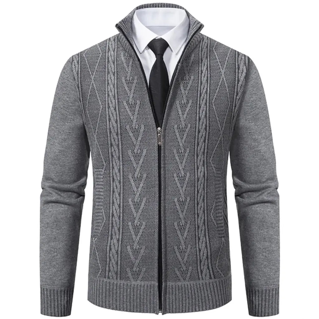 Gray knit zip-up cardigan with white shirt and black tie.