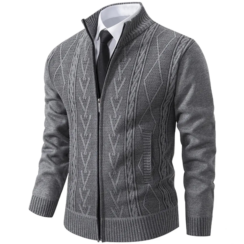 Gray, cable-knit zip-up cardigan with white collared shirt and black tie.